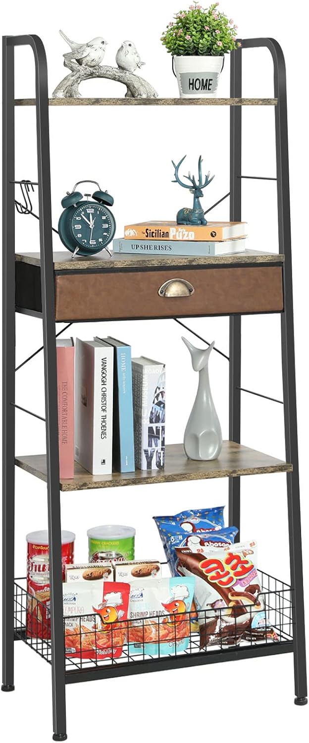 4 Tier Ladder Shelf with Drawer, Iron Frame Bookshelf J3167