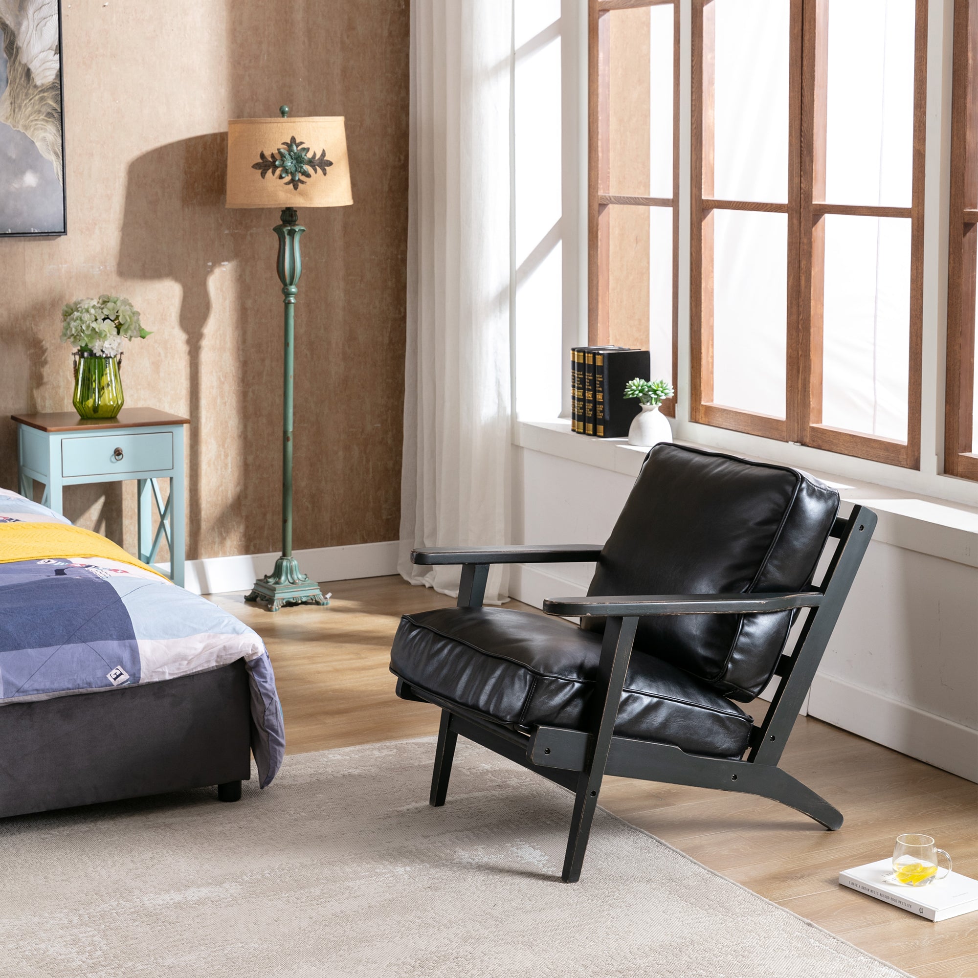 Solid Wood Black PU Leather Accent Arm Chair Q551594