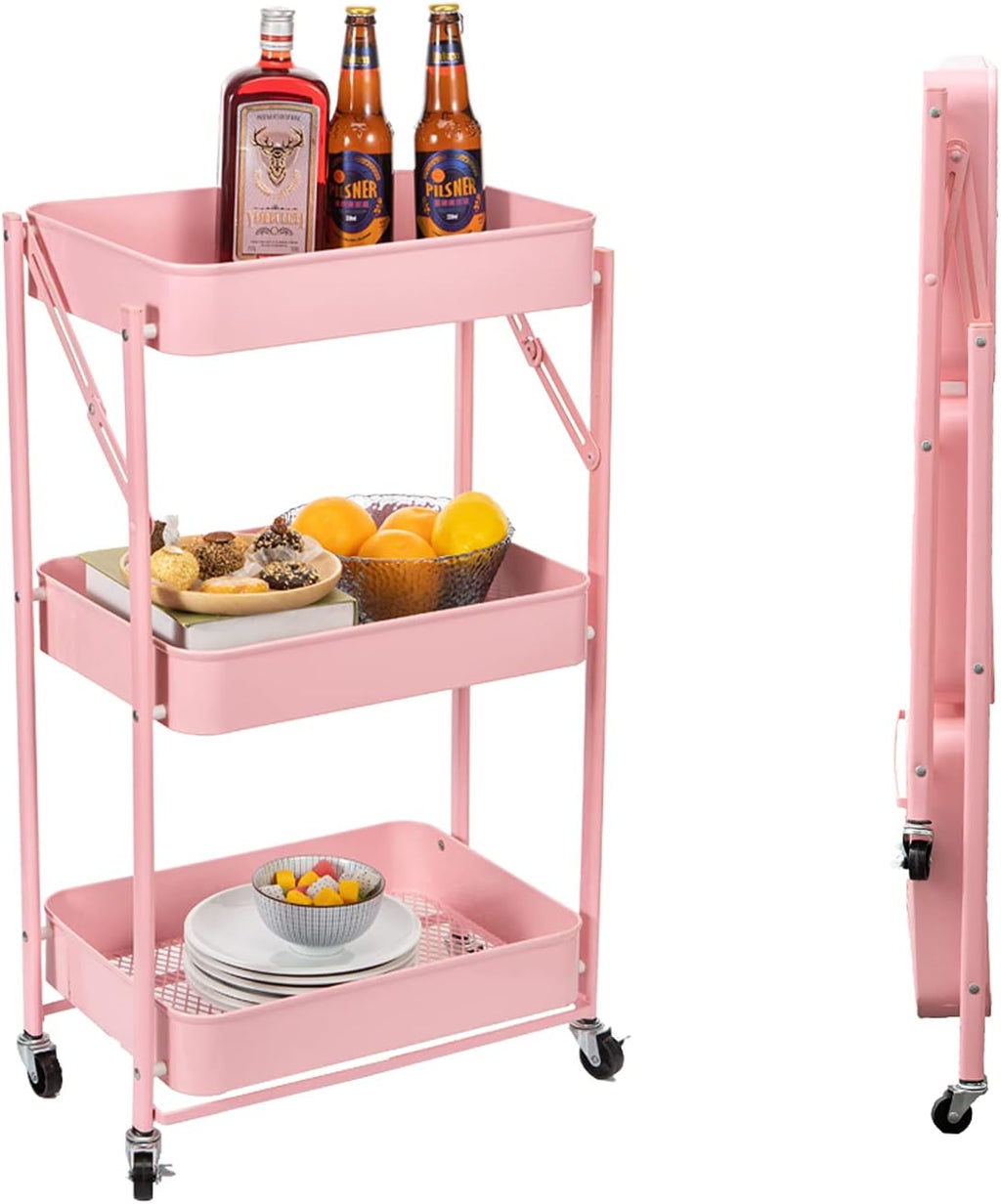 3 Tier Foldable Metal Rolling Cart with Wheels (Pink) A4488