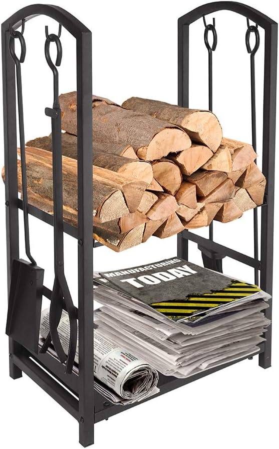 Firewood Rack Log Cart With Large Wheels, Black Wrought Iron Firewood Cart Q4914