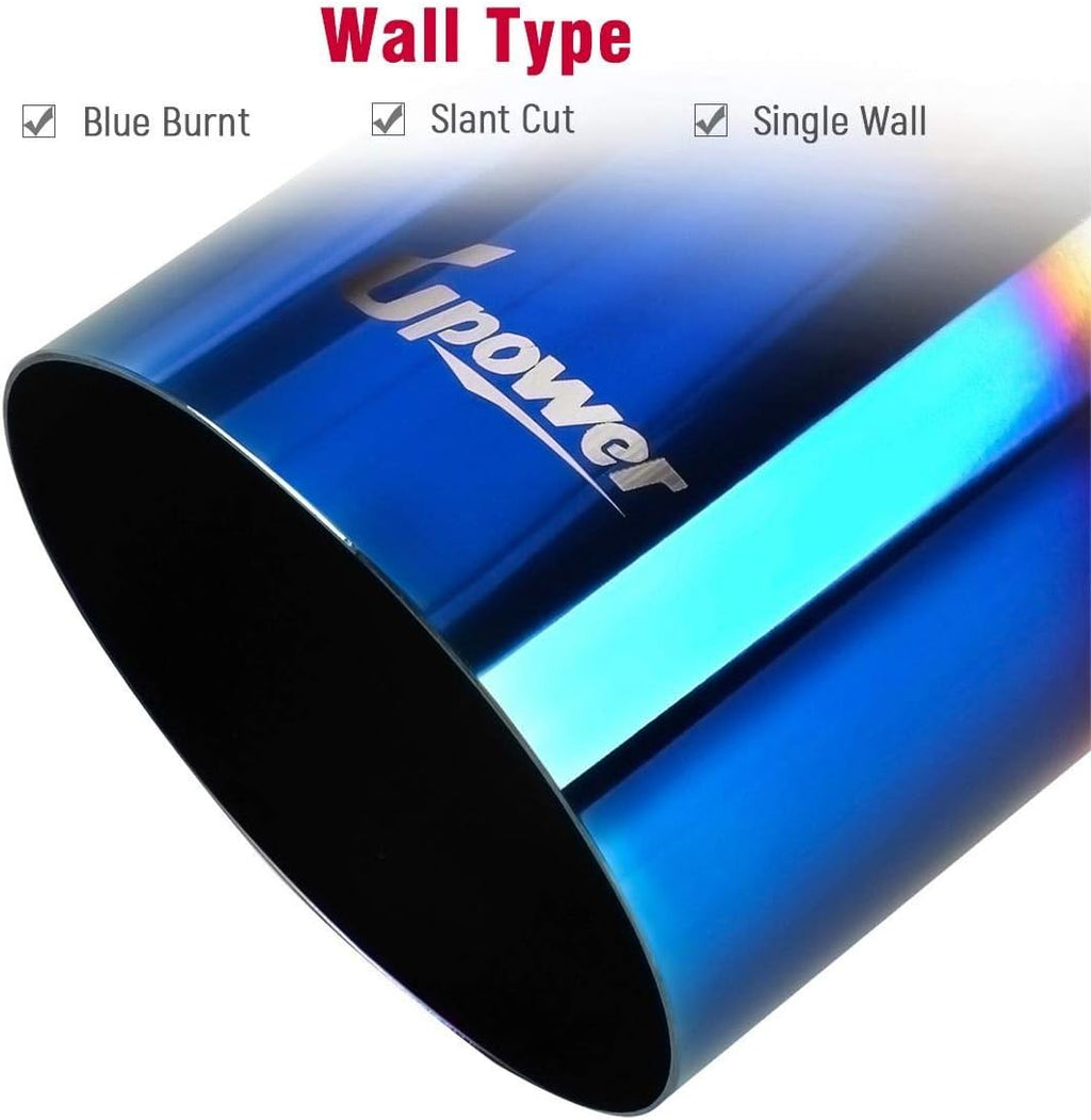 Blue Burnt Exhaust Tip 2.5" Inlet 4" Outlet 9" Long Single Wall Slant Cut 304 Stainless Steel Pack of 2 H3325
