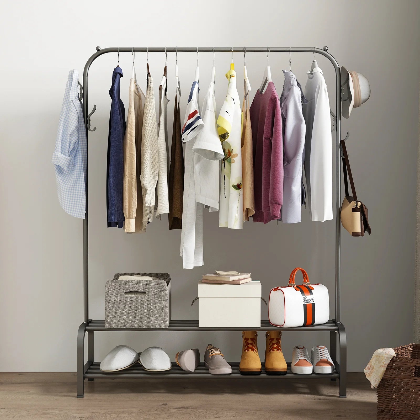 Black Freestanding Garment Rack with 6 Hangers 2 Shelves L604287