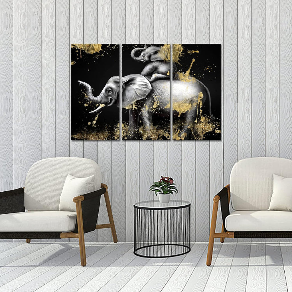 Black and Gold Elephant Canvas Art Set of 3 Framed Ready to Hang I397125