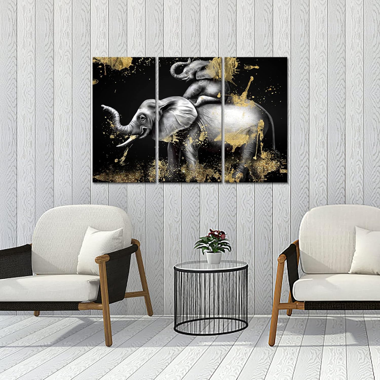 Black and Gold Elephant Canvas Art Set of 3 Framed Ready to Hang I397125