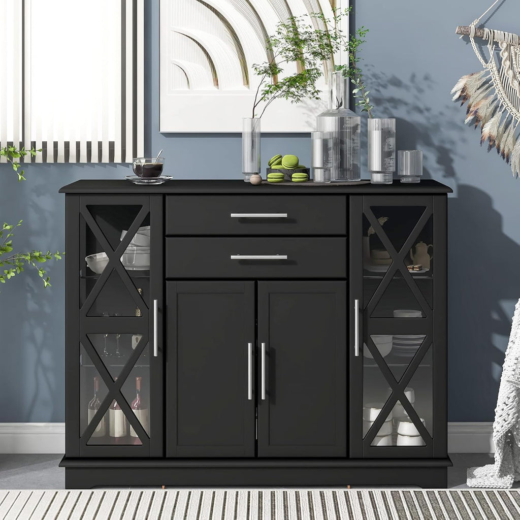 Navy Blue Wood Accent Buffet Sideboard with Doors and Adjustable Shelf B28622