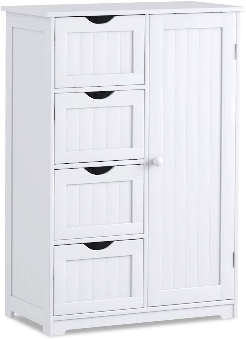White 1 Door 4 Drawer Wooden Bathroom Floor Cabinet Z81267