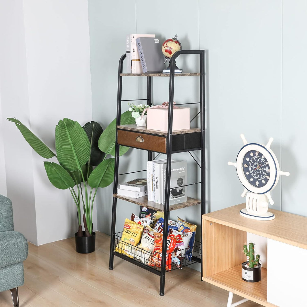 4 Tier Ladder Shelf with Drawer, Iron Frame Bookshelf J3167