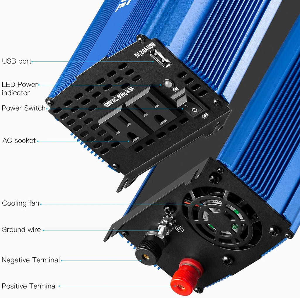 1000W Pure Sine Wave Power Inverter DC 12V to AC 110V with Dual AC Outlets & 2A USB Ports P875907
