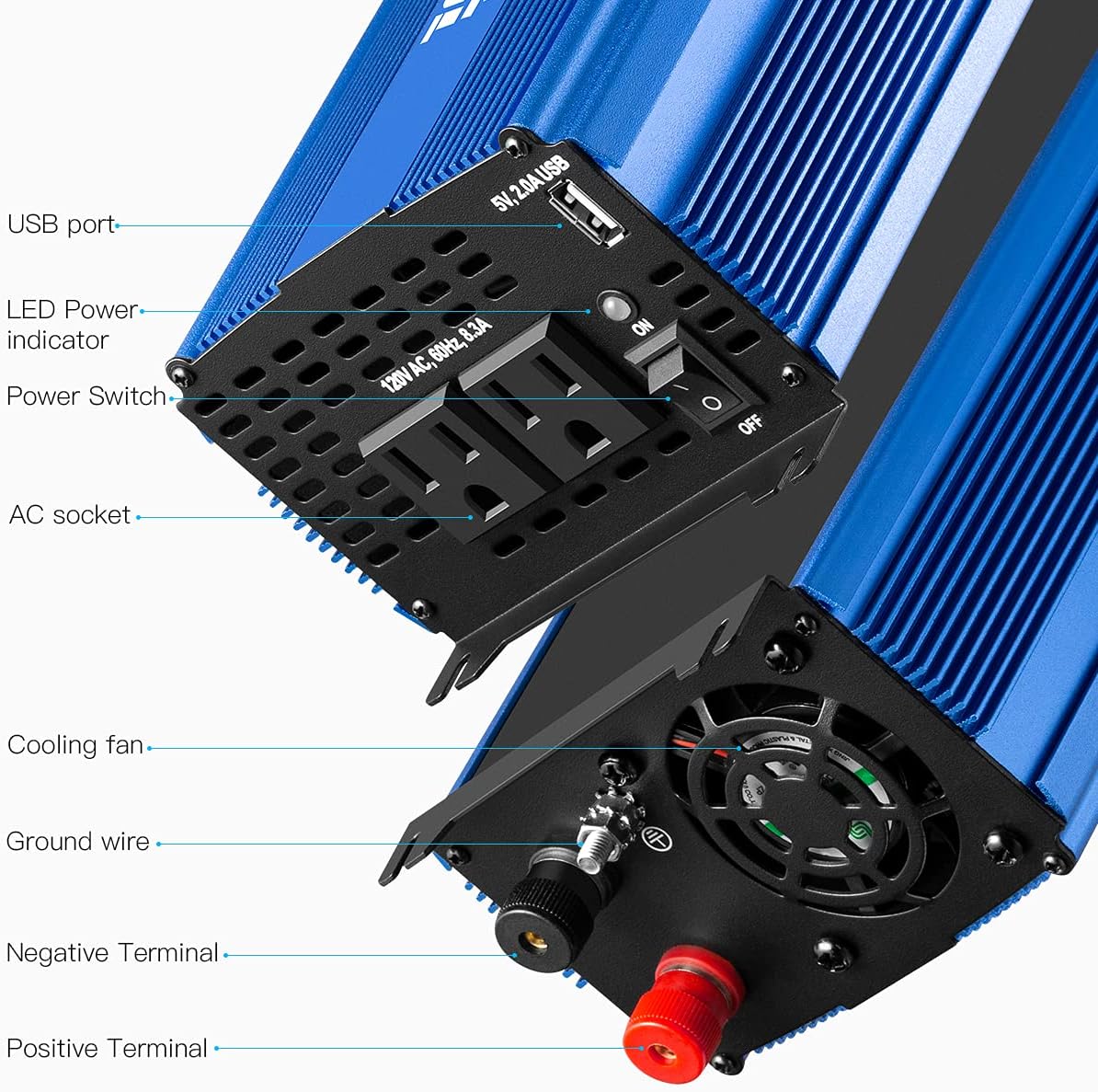 1000W Pure Sine Wave Power Inverter DC 12V to AC 110V with Dual AC Outlets & 2A USB Ports P875907
