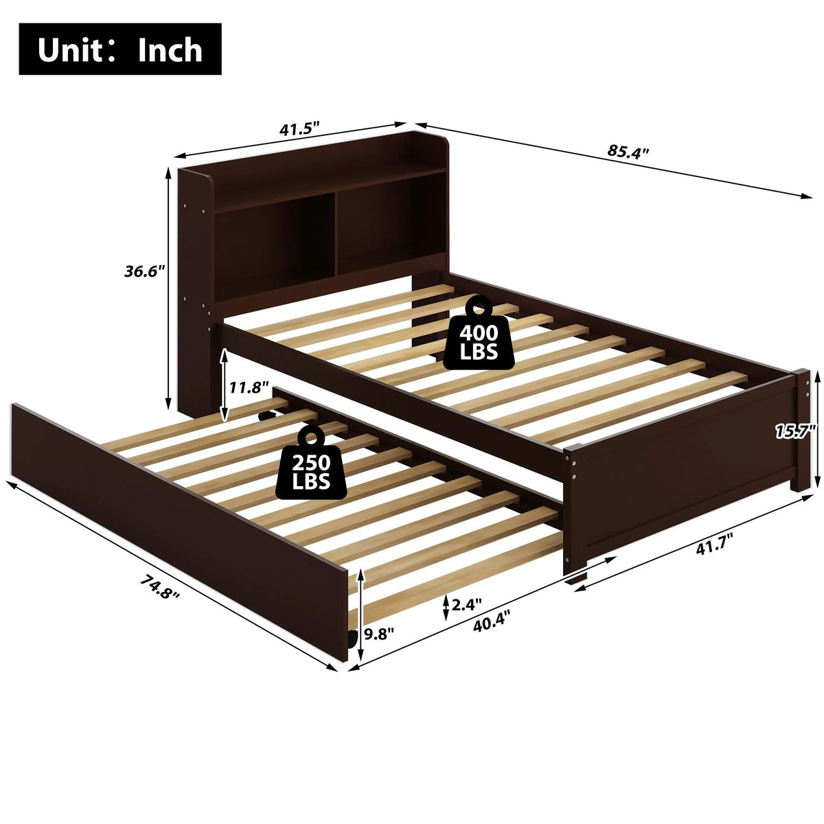 Twin Bed Frame with Trundle and Storage Bookcase, Solid Wood, Espresso Y4333