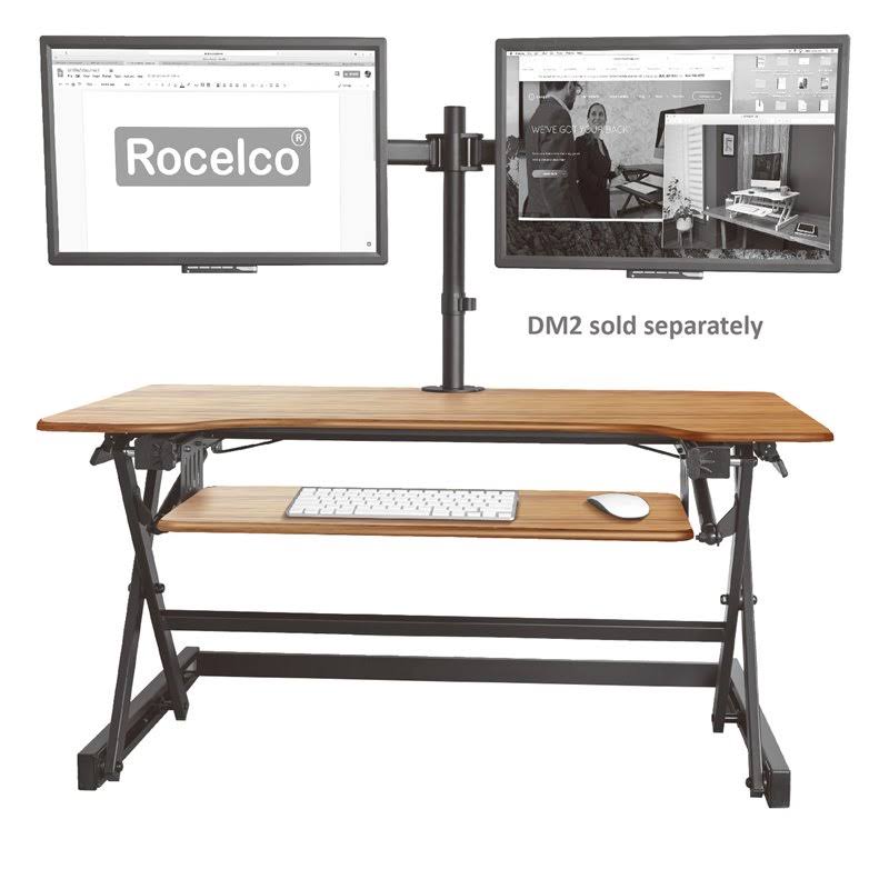 Teak Wood Adjustable Standing Desk Converter with Dual Monitor Mount F2222