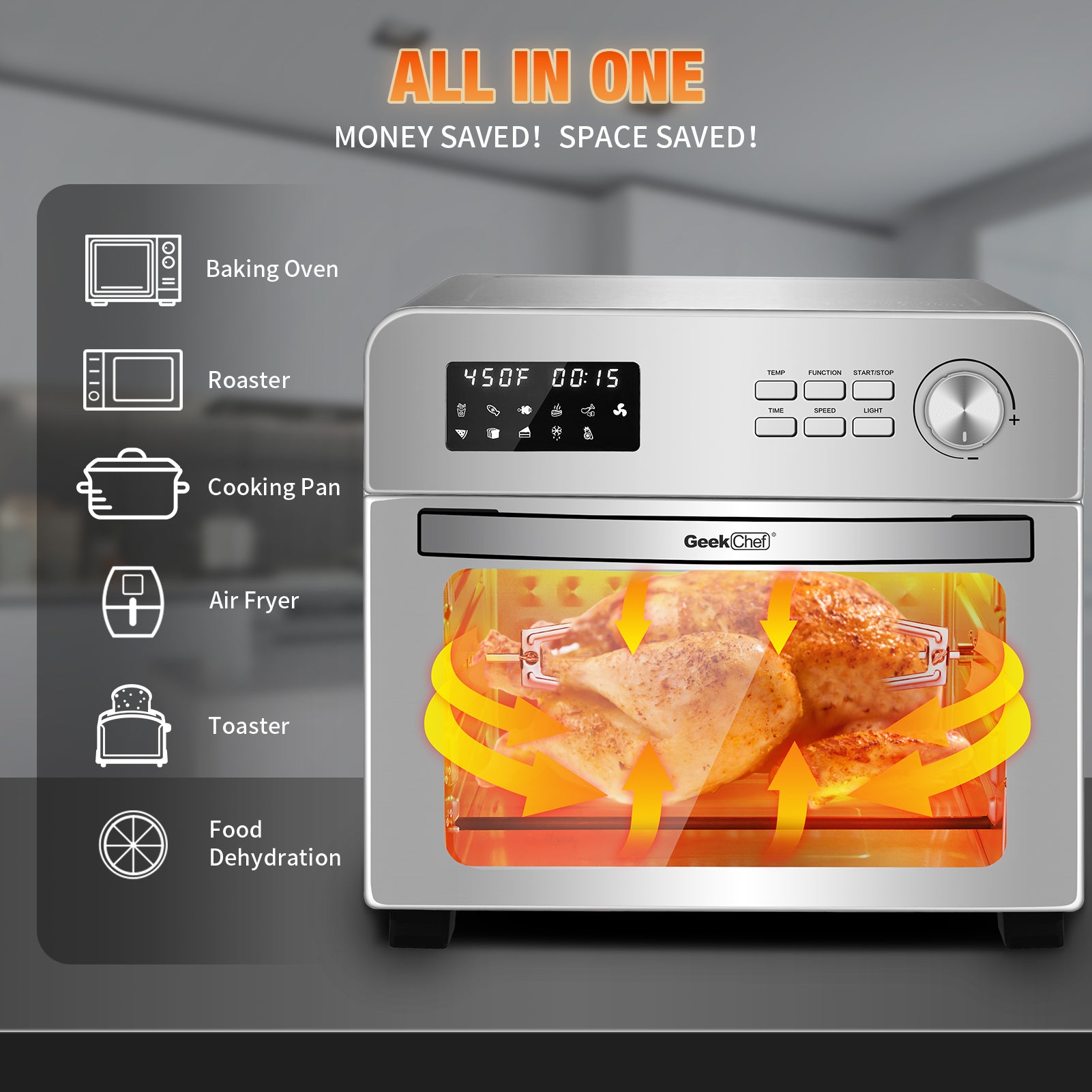 6-in-1 Air Fryer Toaster Oven, 24 Quart LCD Countertop Convection Airfryer with Rotisserie and Dehydrator M68460
