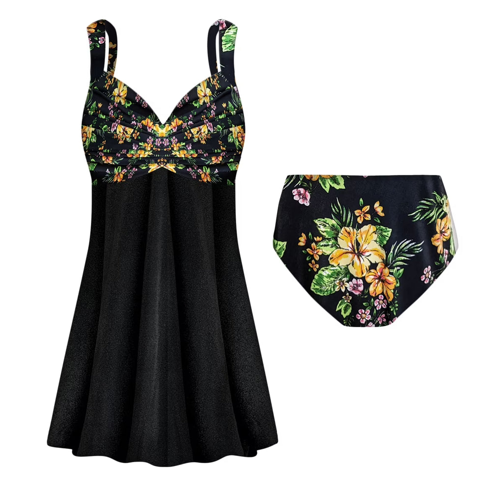 Black Floral Print Two-Piece Swimdress S7882