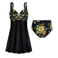 Black Floral Print Two-Piece Swimdress S7882
