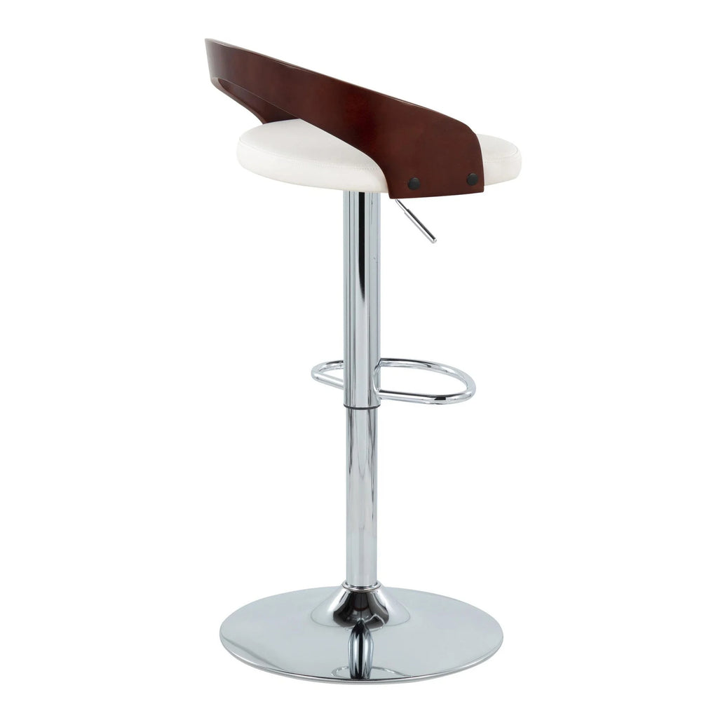 Set of 2 Adjustable Height Swivel Barstool in Chrome Metal, Cherry Wood and White Faux Leather W359505