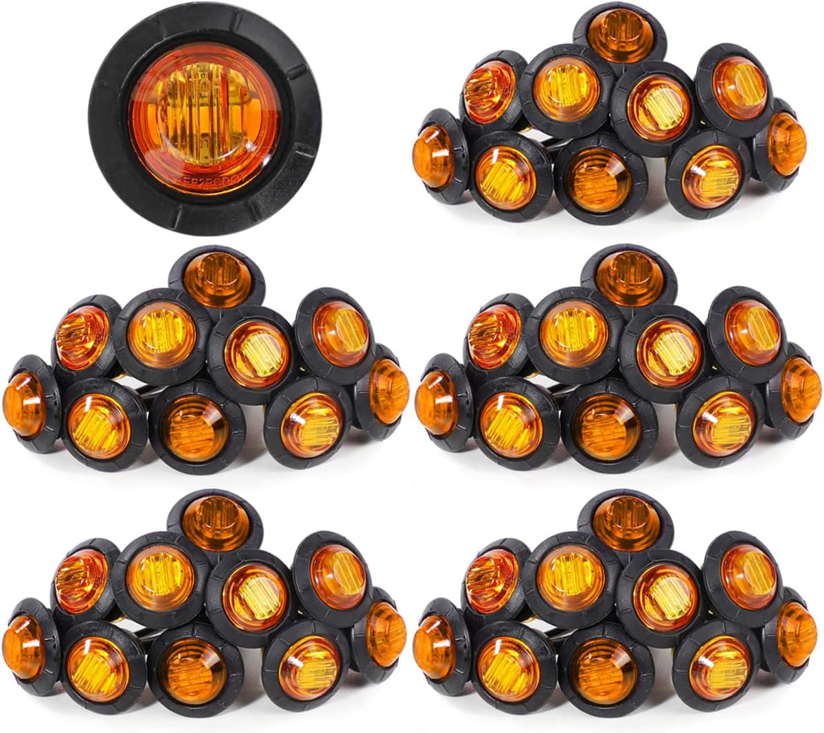 3/4 Inch Amber 3 LED Round Side Marker Indicator Lights with Black Rubbers 12V DC T847093