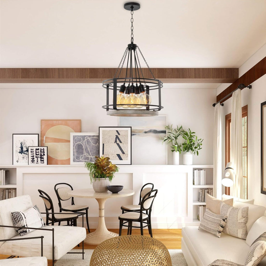18 5-Light Farmhouse Chandelier, Light Cedar Wood Style Black Finish I594029