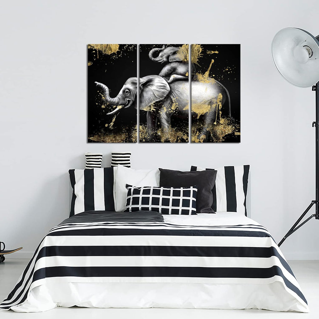 Black and Gold Elephant Canvas Art Set of 3 Framed Ready to Hang I397125