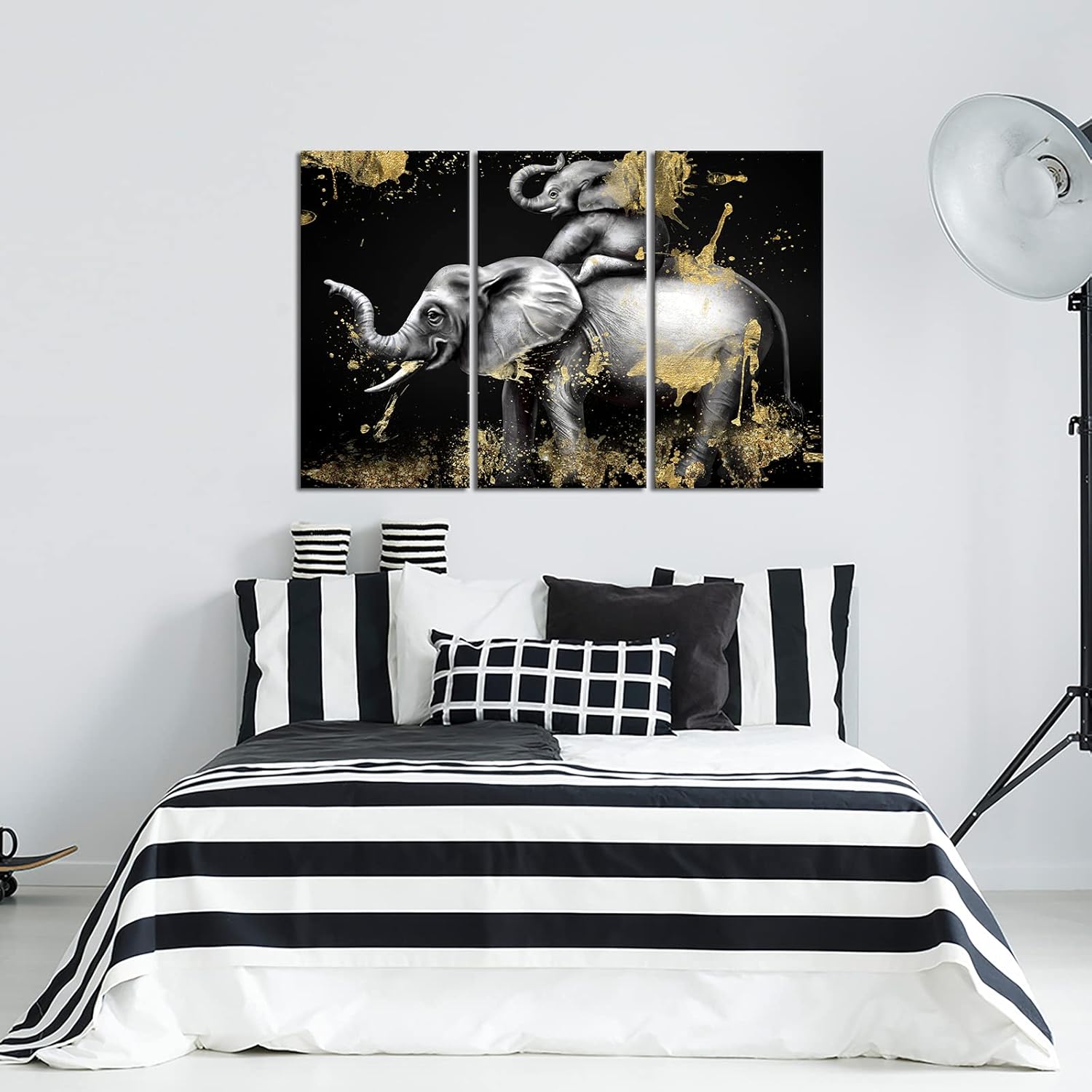 Black and Gold Elephant Canvas Art Set of 3 Framed Ready to Hang I397125
