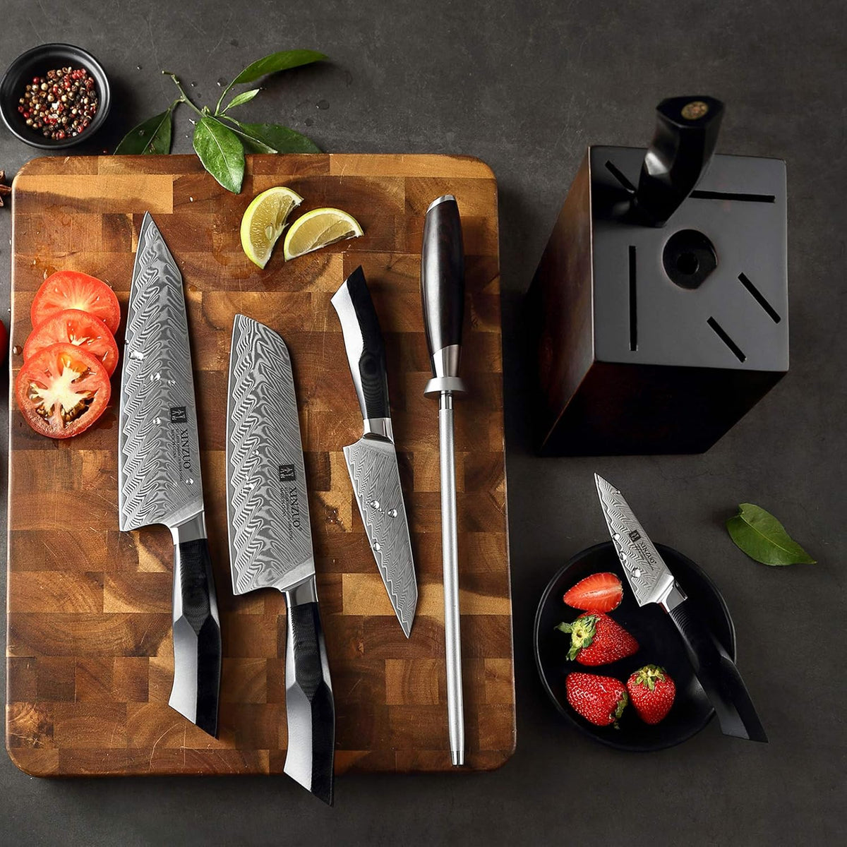 Damascus Steel 7-Piece Kitchen Knife Set with Wooden Block and Honing Steel M81972