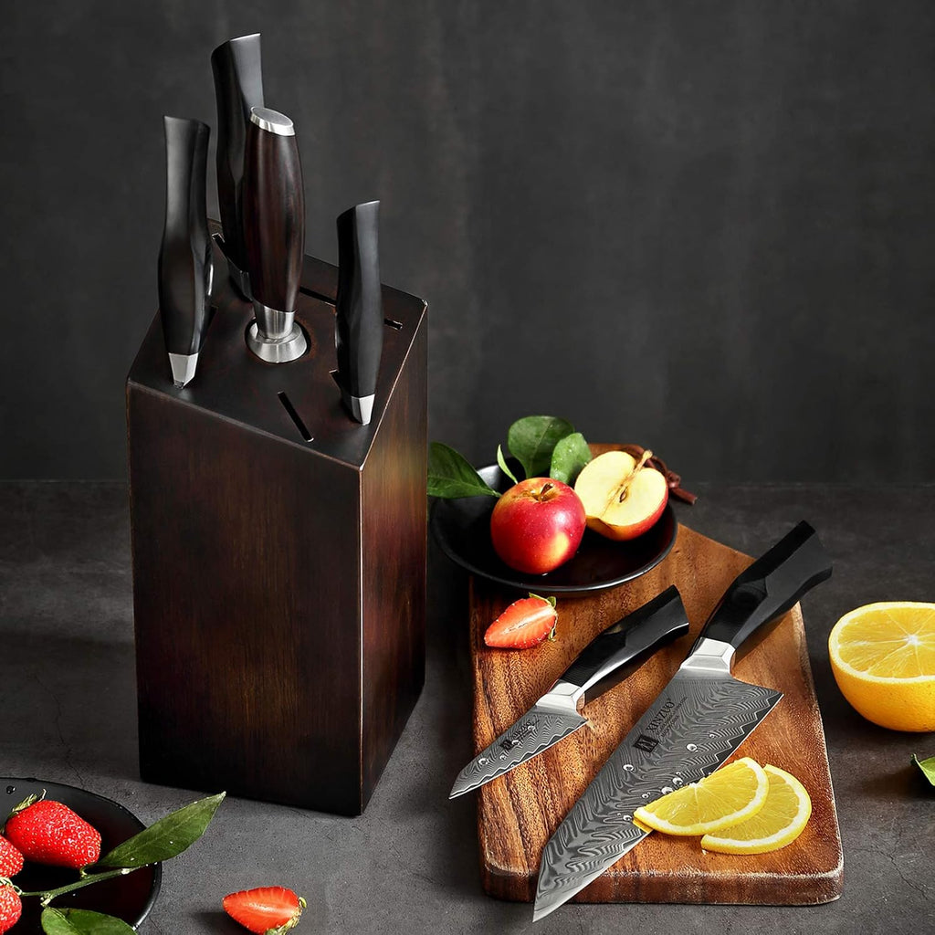 Damascus Steel 7-Piece Kitchen Knife Set with Wooden Block and Honing Steel M81972