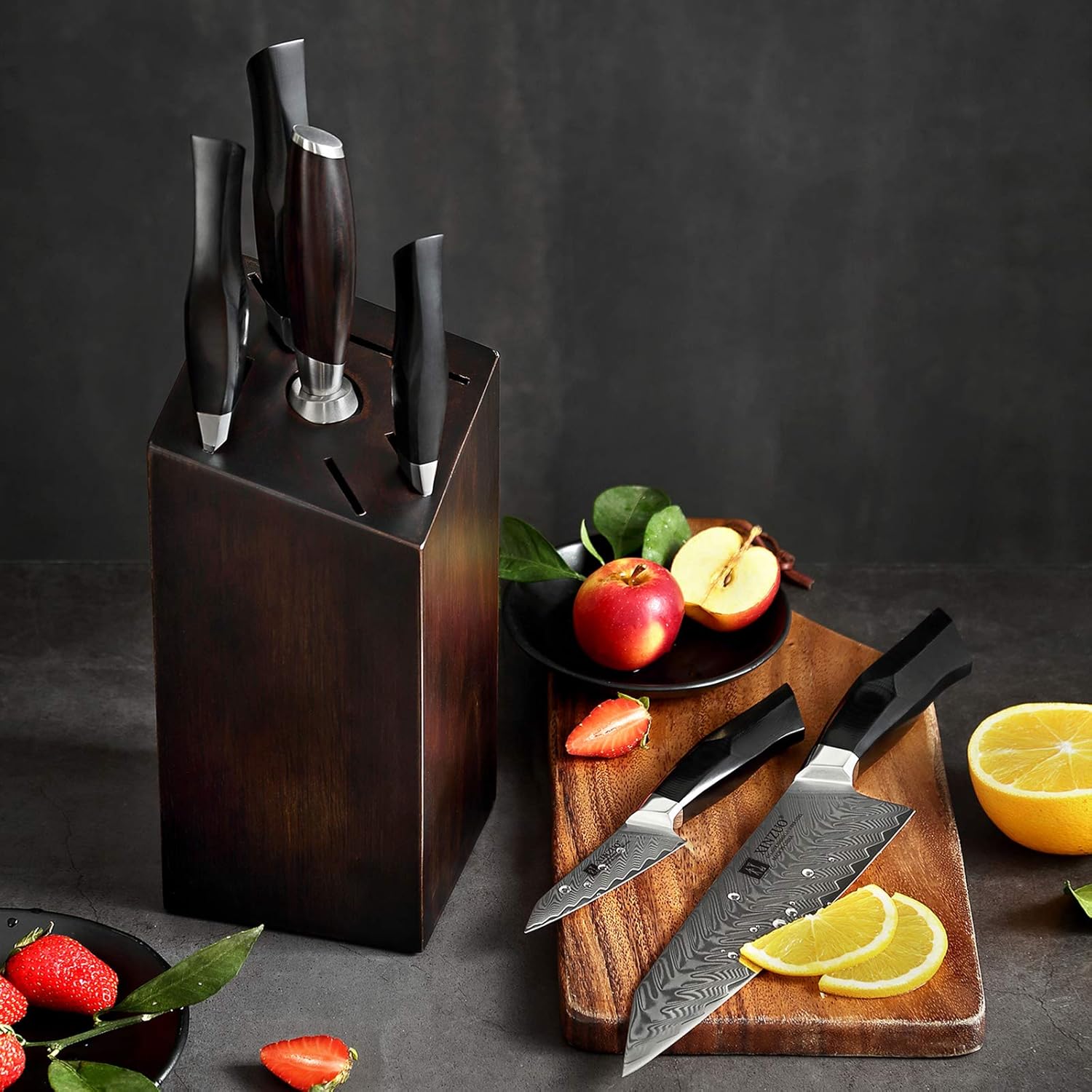 Damascus Steel 7-Piece Kitchen Knife Set with Wooden Block and Honing Steel M81972