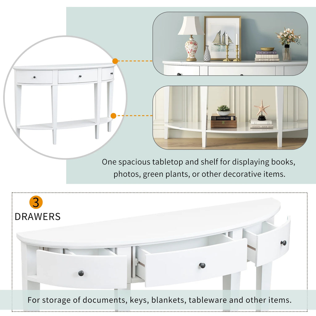 White Curved Console Table with 3 Drawers and Bottom Shelf M718455