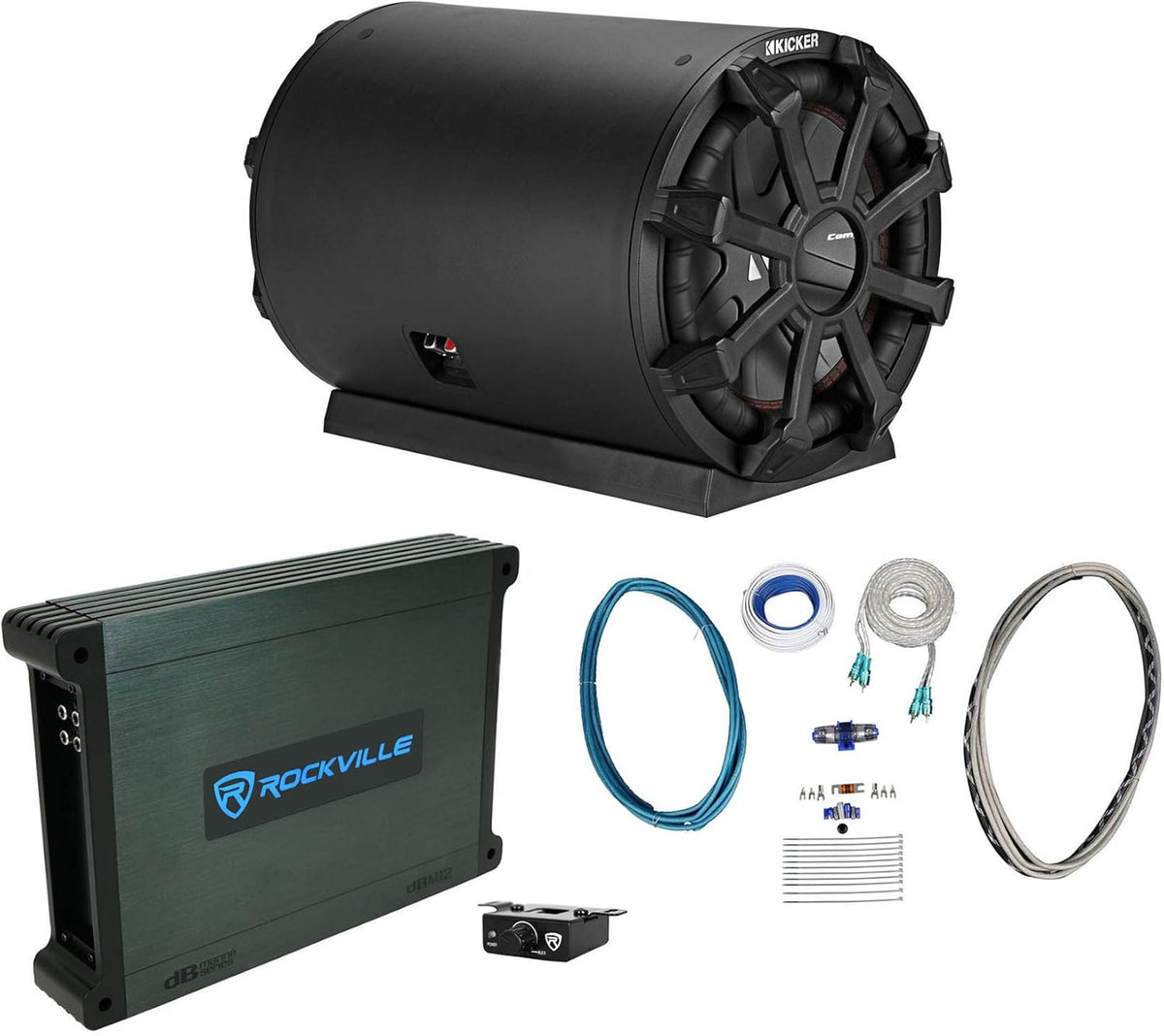 10" 800w Marine Loaded Subwoofer Enclosure Bundle with 2000w Mono Amplifier and Install Wire Kit (3 Items) C88133