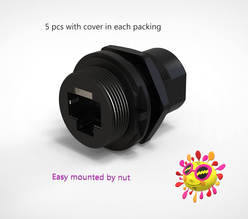5 pcs Female to Female Panel Mount RJ45 Connector CAT6&5, Ethernet LAN Cable Connector with dust Cap Waterproof IP67, black Pack of 2 X943