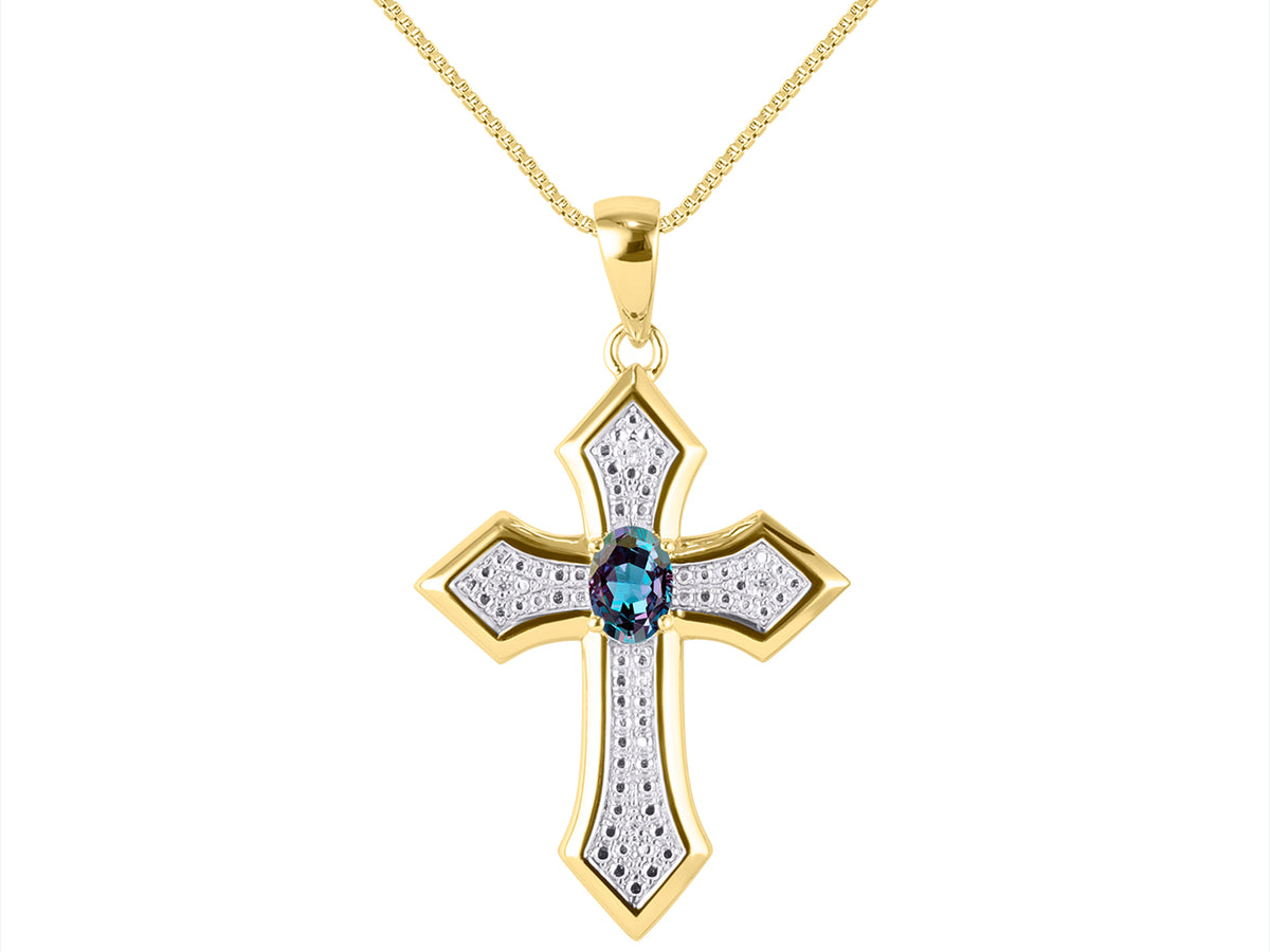 Yellow Gold Plated Silver 925 Cross Necklace with Genuine Diamonds Pendant, 18" Chain O47264