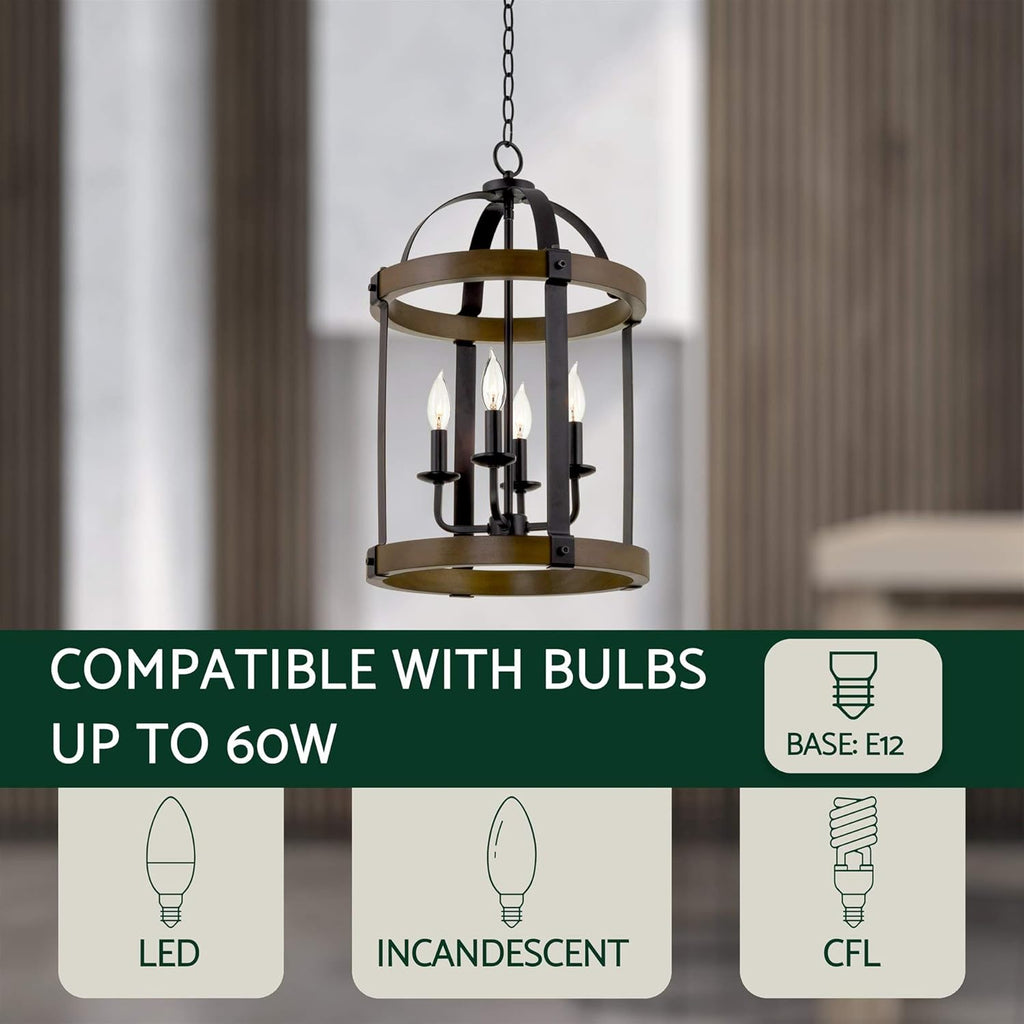 Black 4-Light Rustic Farmhouse Chandelier with Real Wood M509021