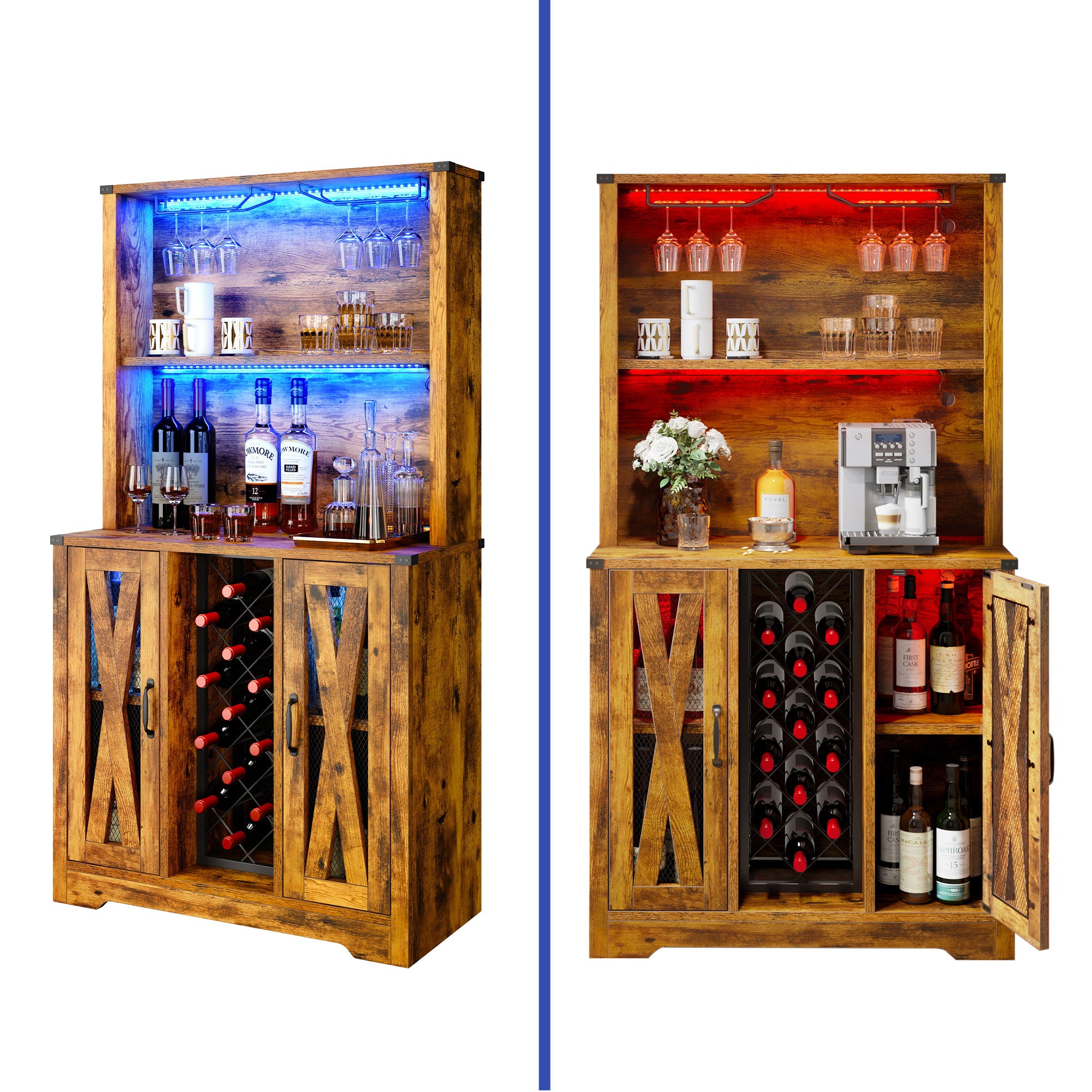 Rustic Oak Bar Storage Cabinet with LED Light Door F809624