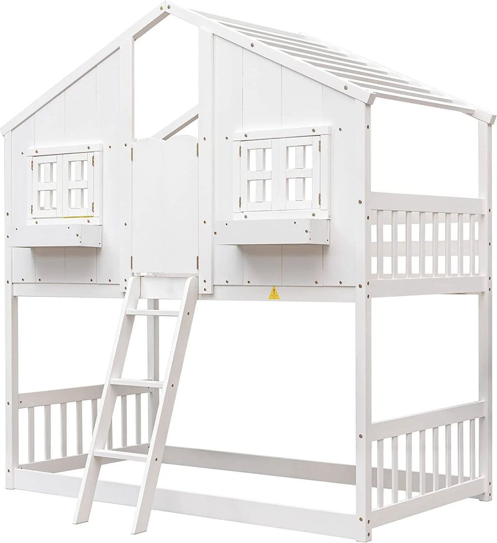White Wood Frame Kids Bed with Roof and Safety Guardrails F778
