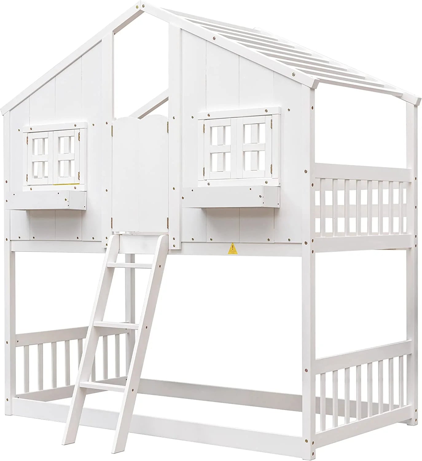 White Wood Frame Kids Bed with Roof and Safety Guardrails F778