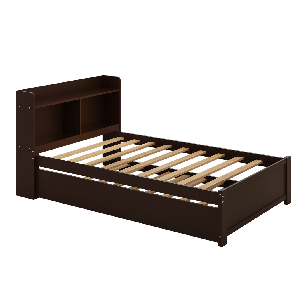 Twin Bed Frame with Trundle and Storage Bookcase, Solid Wood, Espresso Y4333