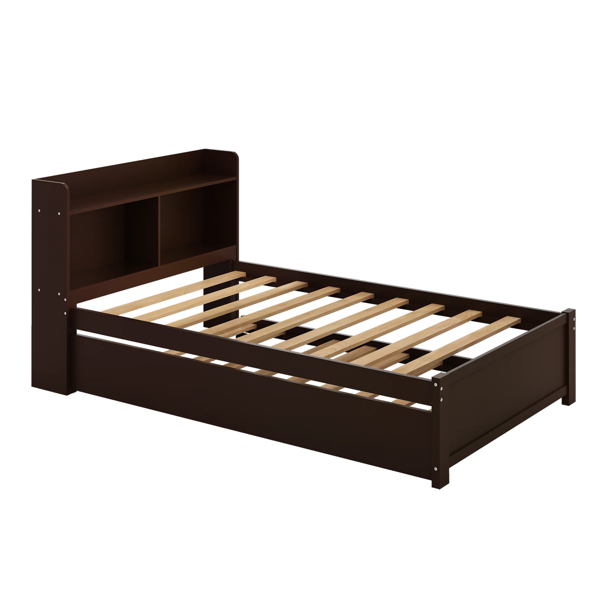 Twin Bed Frame with Trundle and Storage Bookcase, Solid Wood, Espresso Y4333