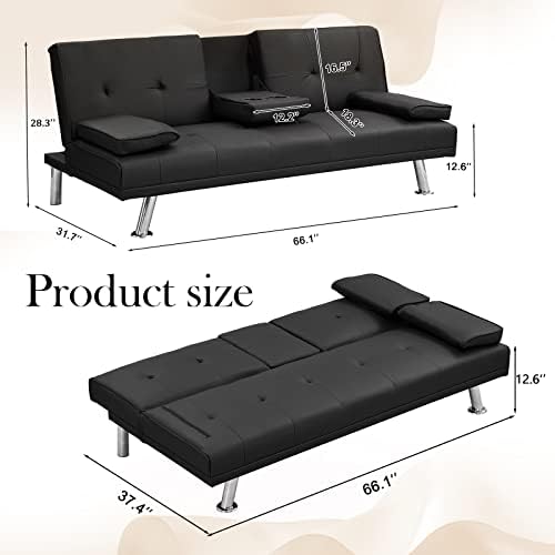 Black Leather Futon Sofa Bed with 2 Cup Holders U86522