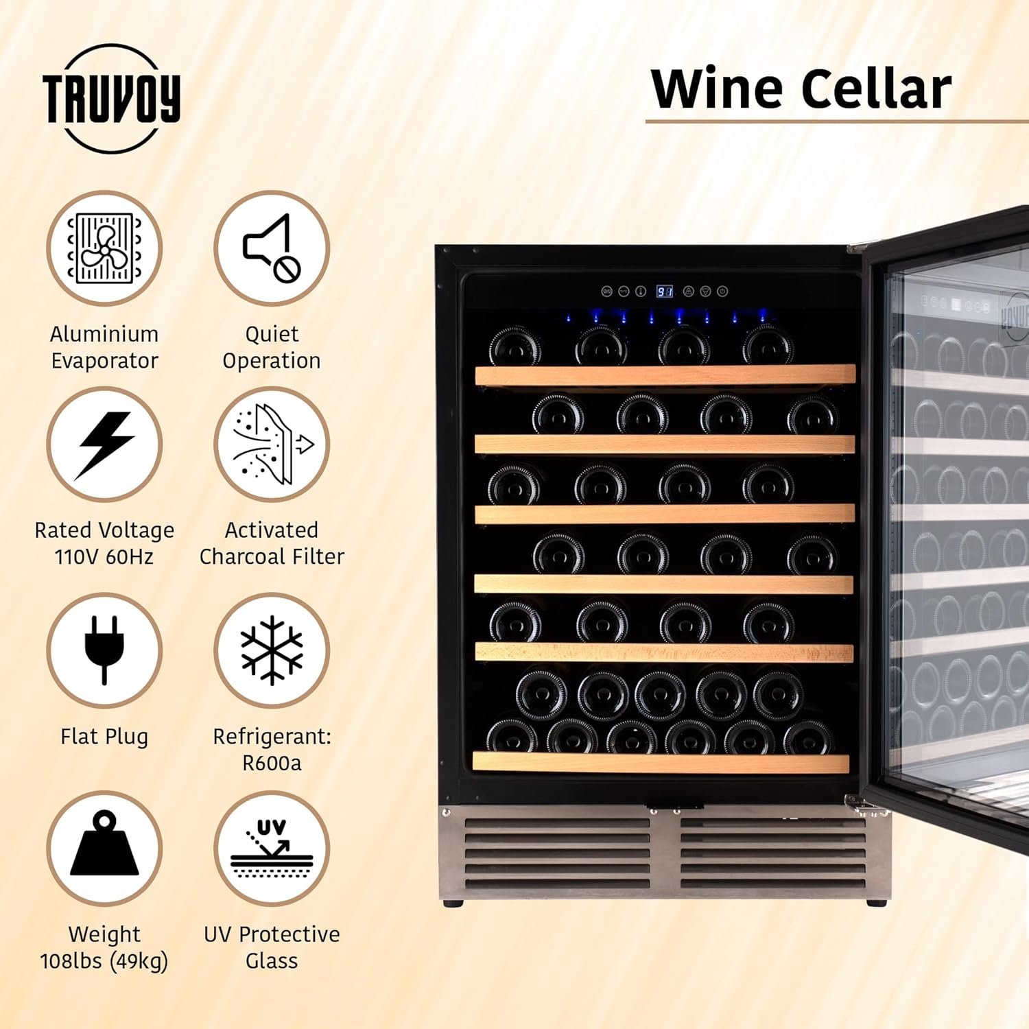 Wine Cooler Refrigerator with Reversible Low UV Glass Door, Touch Thermostat Control with LED Display, Lock, 150L Storage R258363