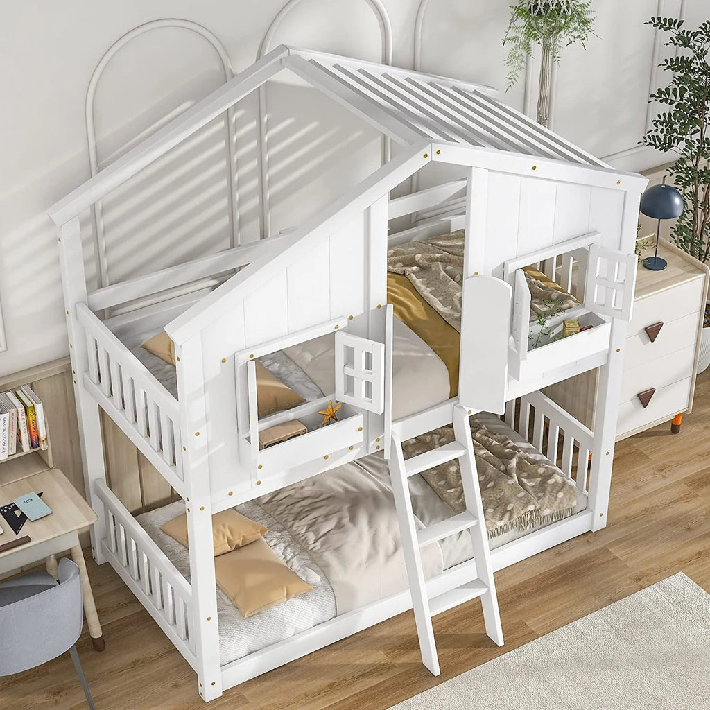 White Wood Frame Kids Bed with Roof and Safety Guardrails F778