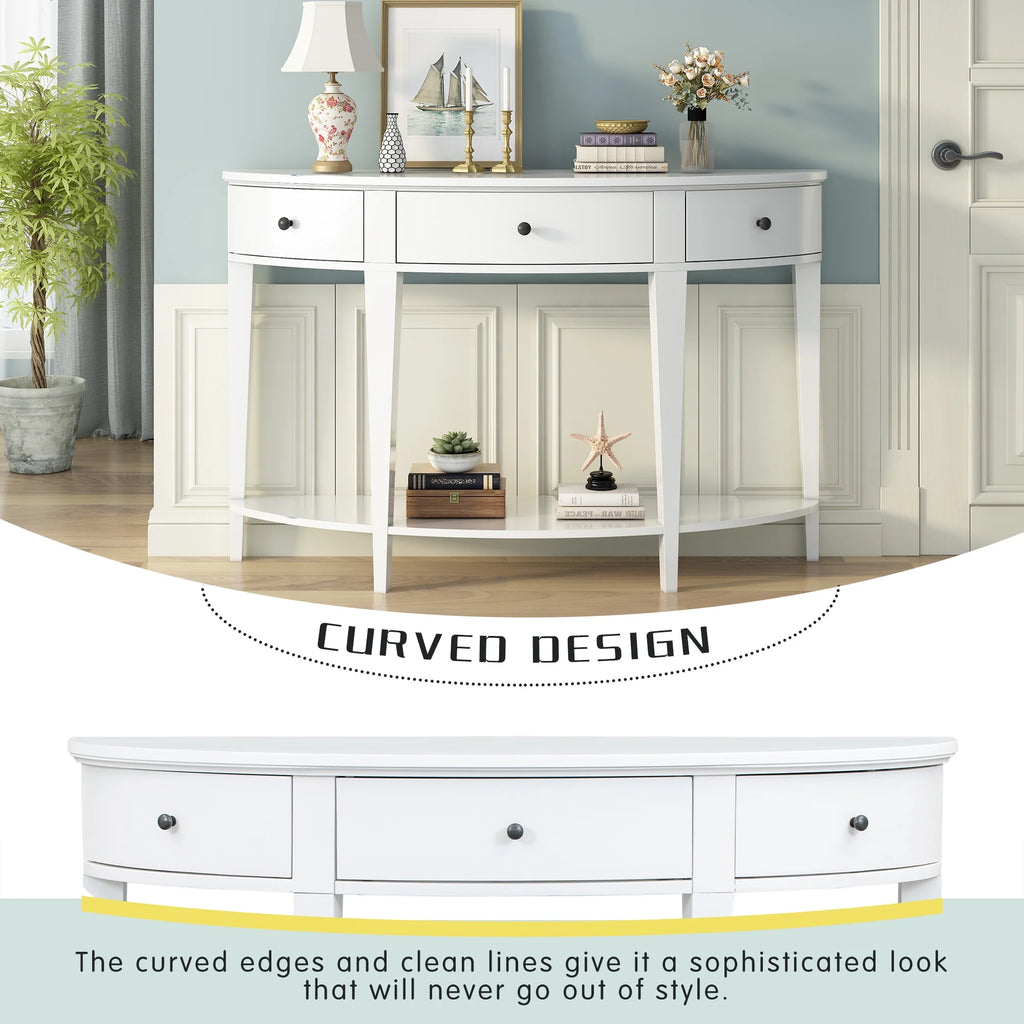 White Curved Console Table with 3 Drawers and Bottom Shelf M718455