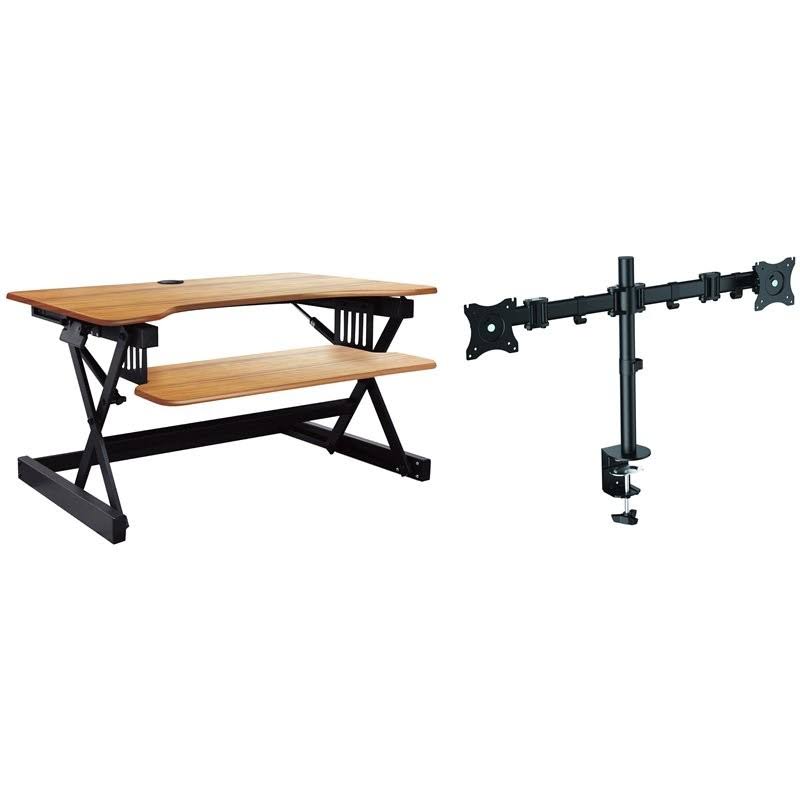 Teak Wood Adjustable Standing Desk Converter with Dual Monitor Mount F2222
