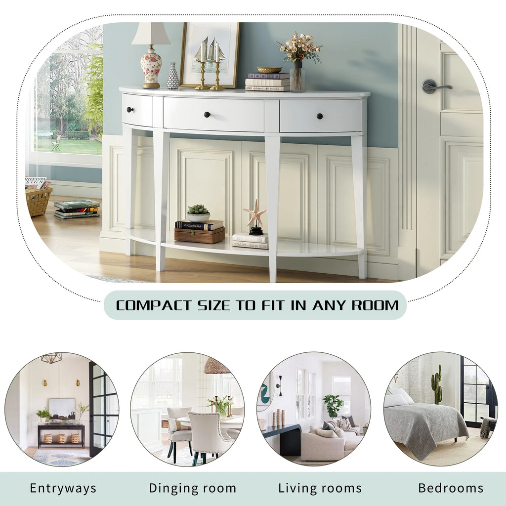 White Curved Console Table with 3 Drawers and Bottom Shelf M718455
