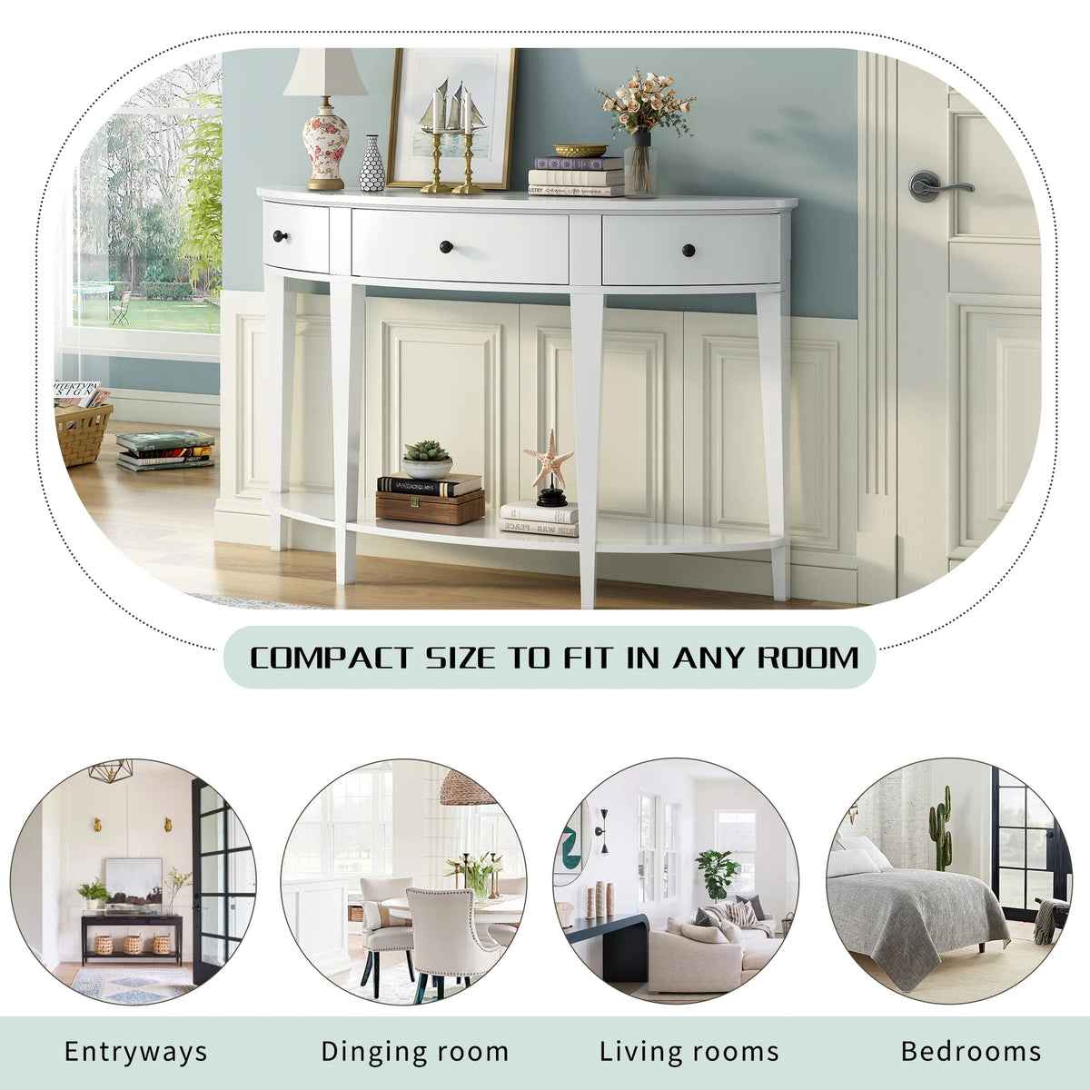 White Curved Console Table with 3 Drawers and Bottom Shelf M718455