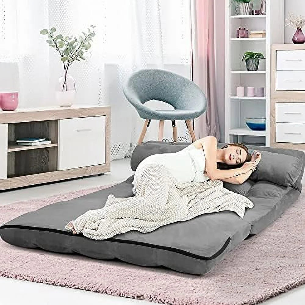 Foldable Floor Sofa with 2 Pillows & Suede Cloth Cover W75476