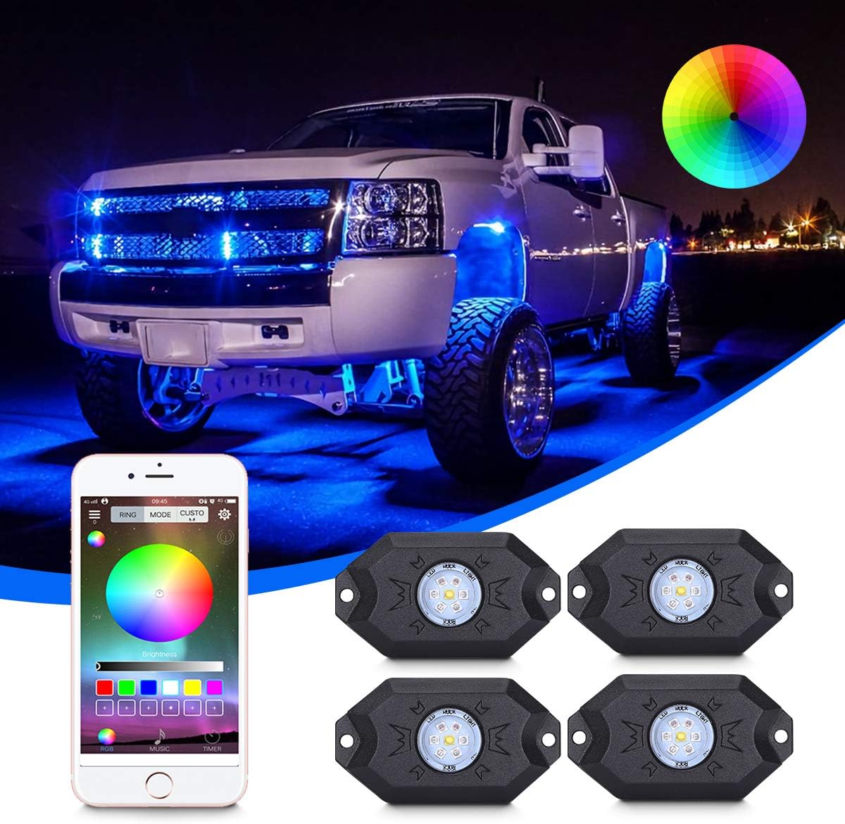 12 Pod Waterproof LED Rock Lights Kit with Bluetooth Controller E290002