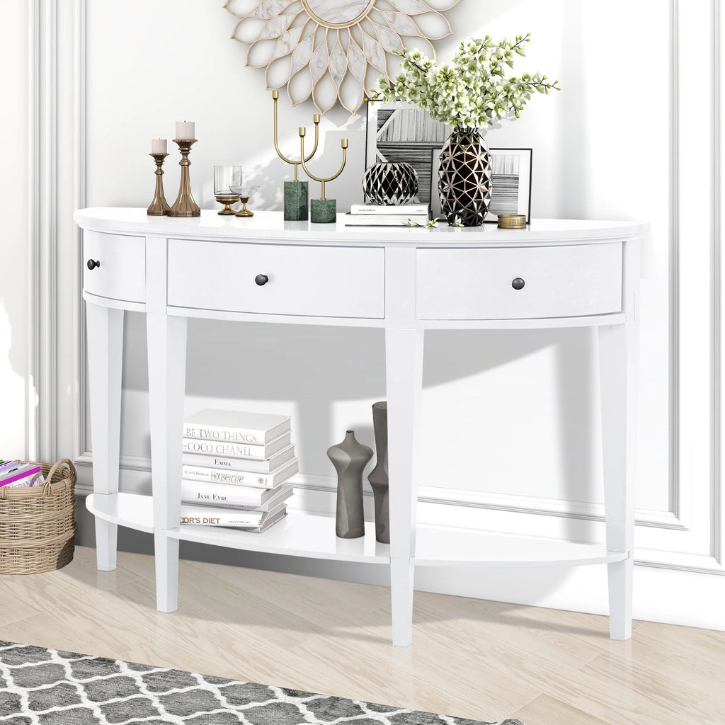 White Curved Console Table with 3 Drawers and Bottom Shelf M718455