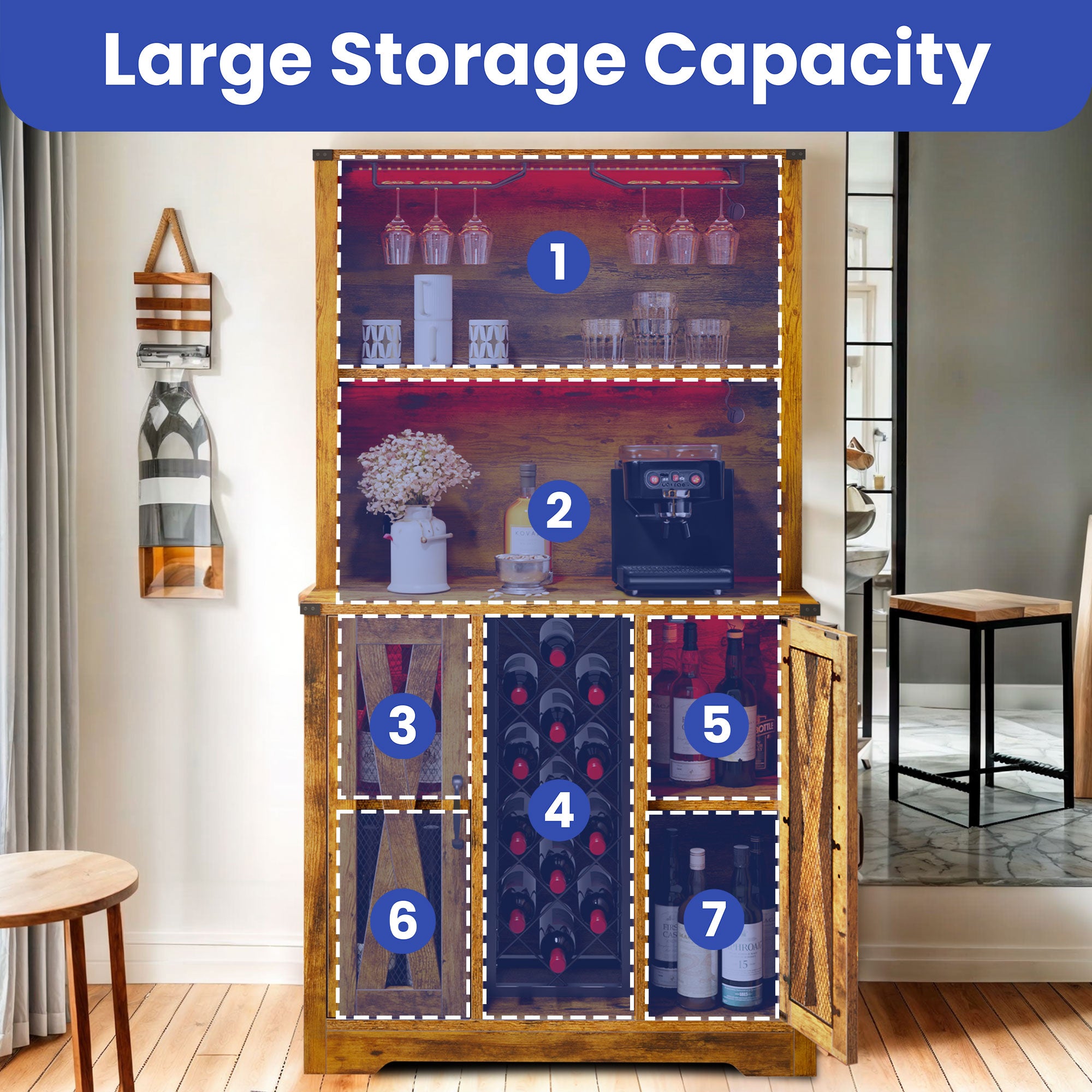 Rustic Oak Bar Storage Cabinet with LED Light Door F809624