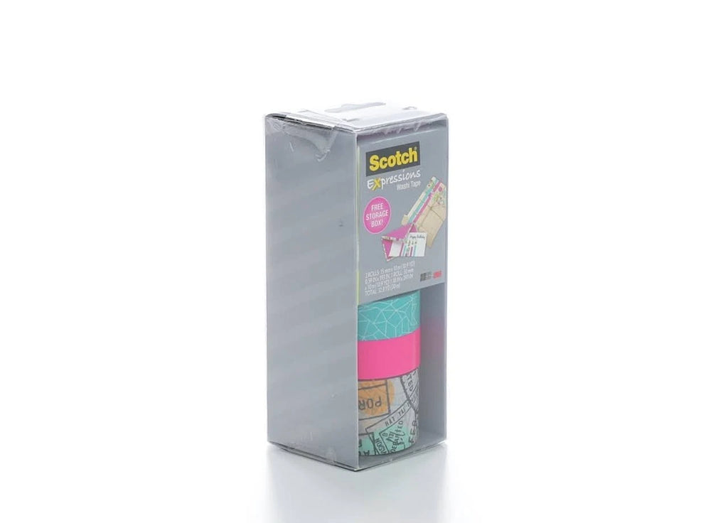 Neon Pink Washi Tape, 3 Rolls with Storage Box D3438
