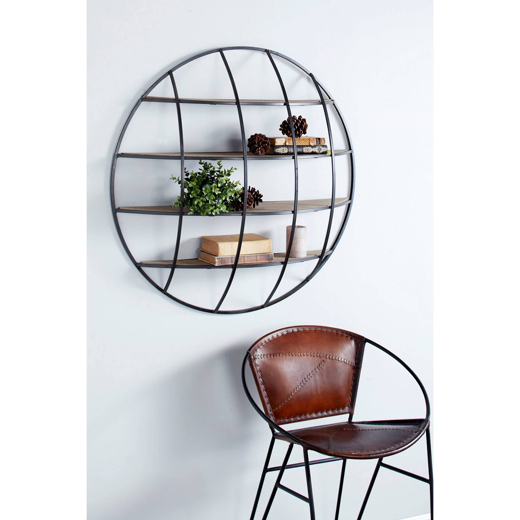 Large Round Industrial Metal and Wood Wall Shelf - Light Brown R976820