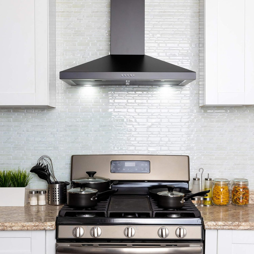 Black Painted Stainless Steel Kitchen Wall Mount Range Hood with Carbon Filters D47782